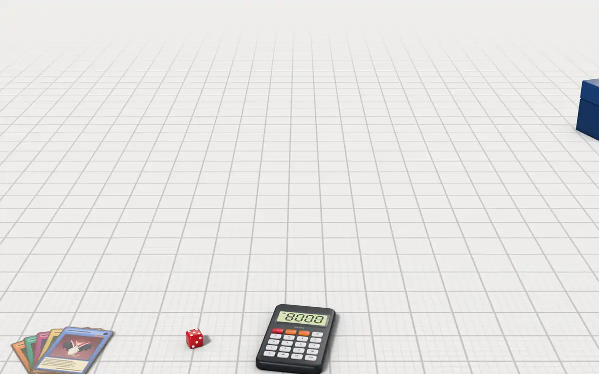 Illustration of the 5 Yu-Gi-Oh! booster boxes to scale, next to a life-point calculator, a hand of cards, a deck box and a die for size